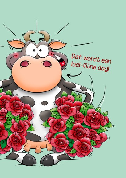 Grappige verjaardagskaart met verbaasde koe en rode rozen 3
