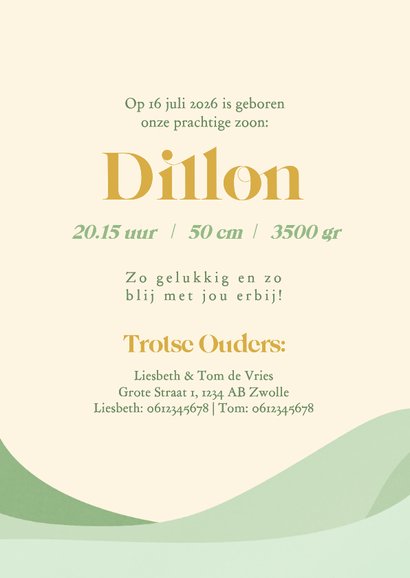 Groen geboortekaartjes met libelle landschap goud  3