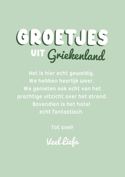 Groen vakantiekaartje met foto en stipjes groetjes uit 3