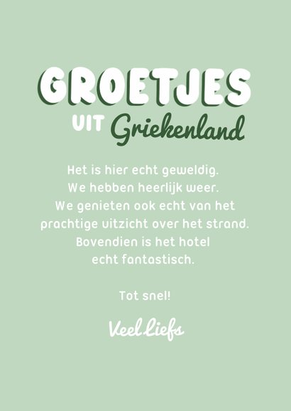 Groen vakantiekaartje met foto en stipjes groetjes uit 3