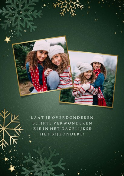 Groene kerstkaart 'Fijne Feestdagen' sneeuwvlokken en foto 2