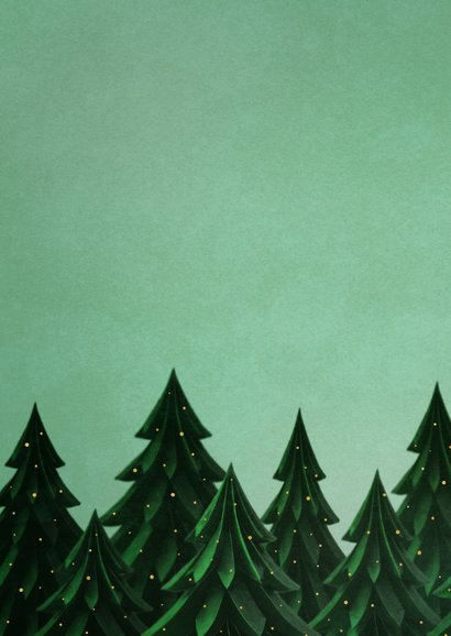 Groene kerstkaart met bomen met lampjes lichtpuntjes 2