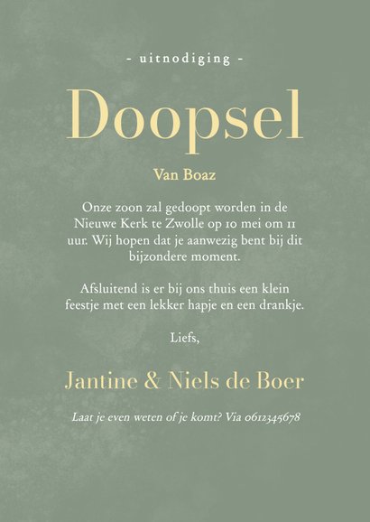 Groene waterverf doopkaartjes met gouden kraanvogel 3