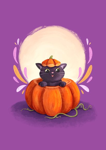 Halloween wenskaart met pompoen en schattige kat 2