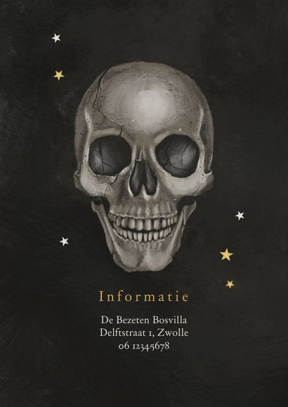 Halloweenfeest uitnodiging eng skull goud zwart donker 2
