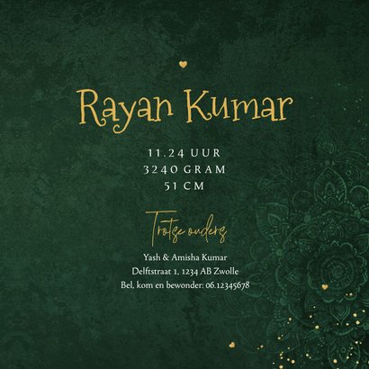 Hindoestaans geboortekaartje mandala patroon goud hartjes 3