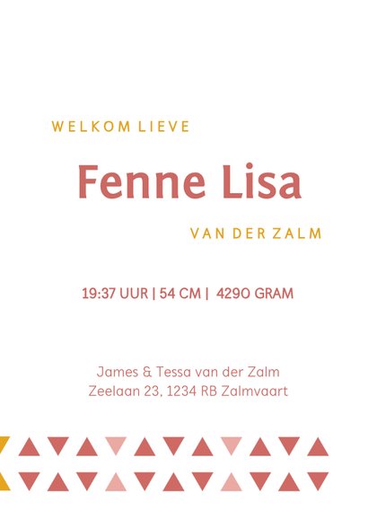 Hip en modern grafisch geboorte kaartje meisje driehoek roze 3