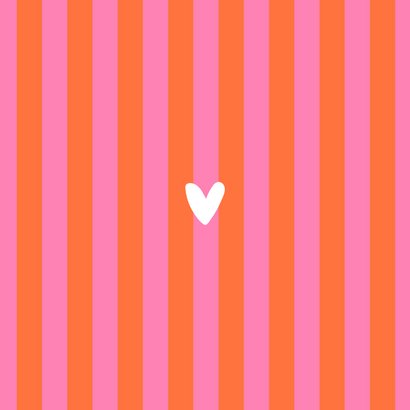Hip en trendy geboortekaartje gestreept roze oranje hartje Achterkant