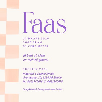 Hip geblokt geboortekaartje in oranje en paars 3