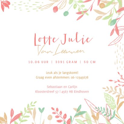 Hip geboortekaartje botanisch handgetekende bloemen gekleurd 3