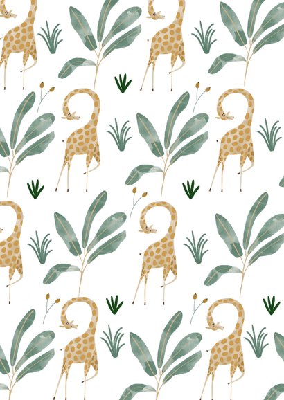 Hip geboortekaartje giraffen patroon met label Achterkant