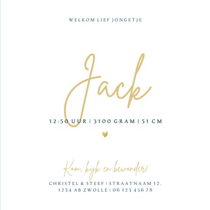 Hip geboortekaartje jongetje panterprint en gouden hartjes Achterkant