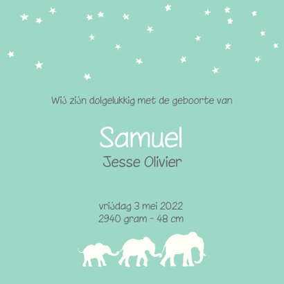 Hip geboortekaartje met silhouet van 3 olifantjes 3