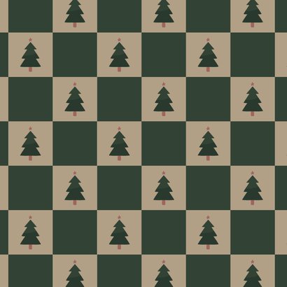 Hip kerstkaartje blokjespatroon met kerstbomen Merry Xmas Achterkant