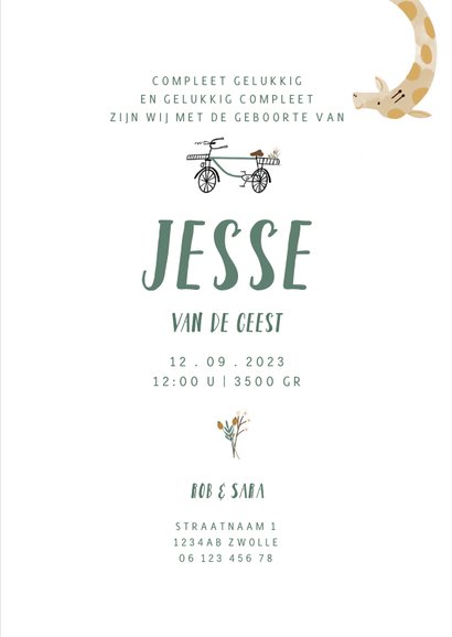 Hip lief geboortekaartje giraf op de fiets illustratie 3