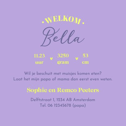 Hip modern stoer geboortekaartje paars geel voorletter Achterkant