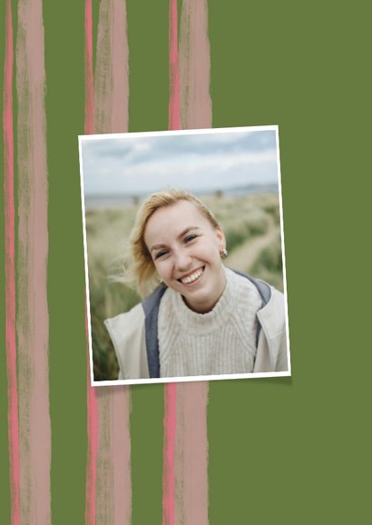 Hip verjaardagskaartje gekleurde strepen vrouw en foto 2