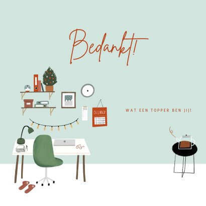 Hippe bedankkaart thuiswerktopper in kerstsfeer illustratie 2