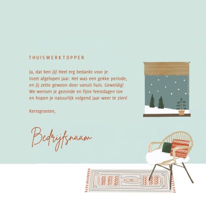 Hippe bedankkaart thuiswerktopper in kerstsfeer illustratie 3