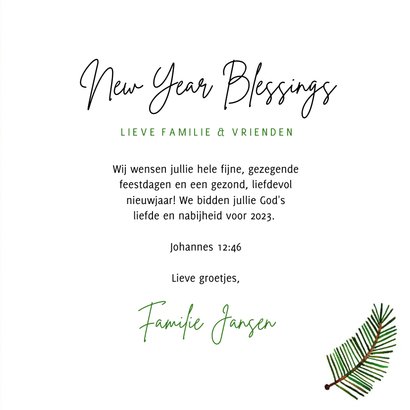 Hippe christelijke nieuwjaarskaart groene takjes op papier 3
