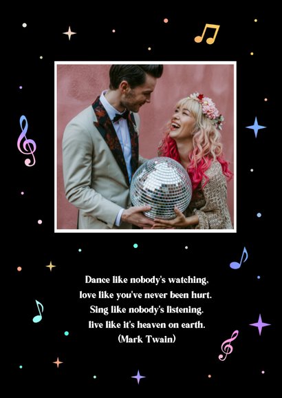 Hippe disco trouwkaart uitnodiging met discobal en holofolie 2