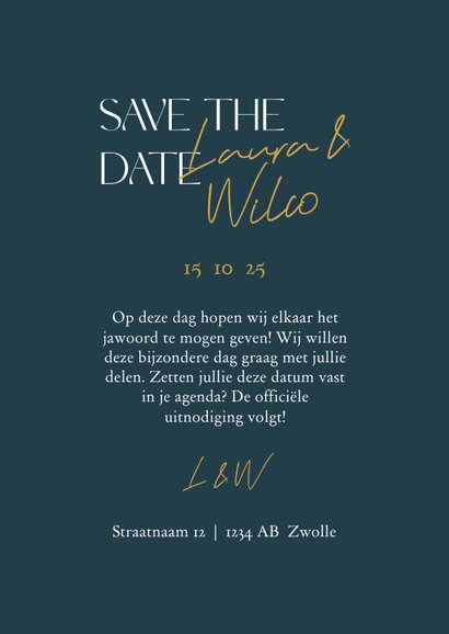 Hippe donkerblauwe save the date kalender met gouden hartjes 3