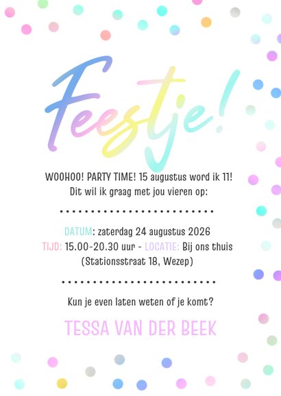 Hippe en vrolijke uitnodiging kinderfeestje meiden 3