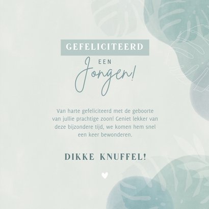 Hippe felicitatiekaart geboorte jongen met jungle bladeren 3