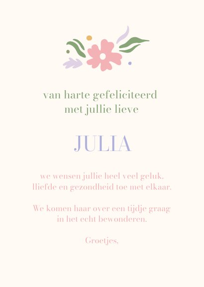 Hippe felicitatiekaart geboorte meisje pastel bloemen 3