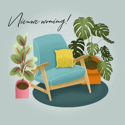 Hippe felicitatiekaart nieuwe woning met planten en stoel 2