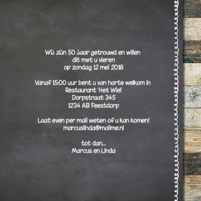 Hippe jubileumkaart fotocollage - krijtbord hout 3