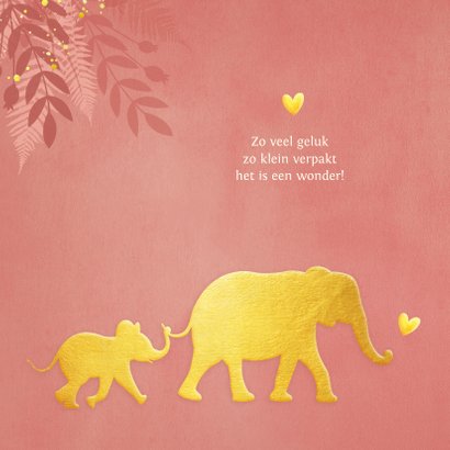 Hippe jungle felicitatiekaart geboorte met gouden olifant  2