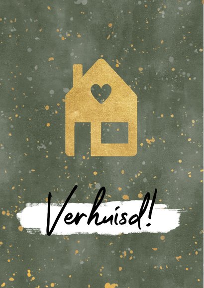 Hippe kerst verhuiskaart met huisje, verf en gouden spetters 2