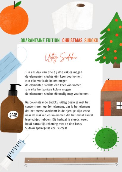 Hippe kerstkaart corona quarantaine sudoku met illustraties 2
