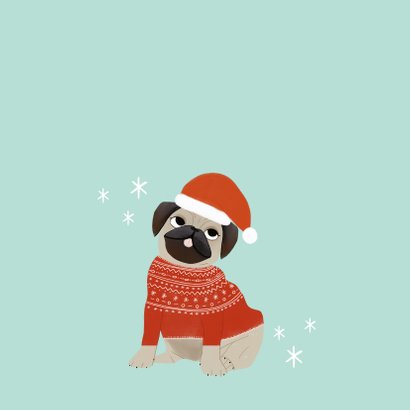 Hippe kerstkaart humor merry pugmas hondje kerstmuts en trui 2