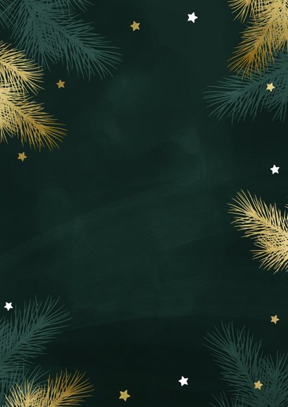 Hippe kerstkaart met dennentakjes in goudlook Achterkant