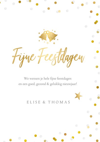 Hippe kerstkaart met grote foto en goud met witte confetti 3