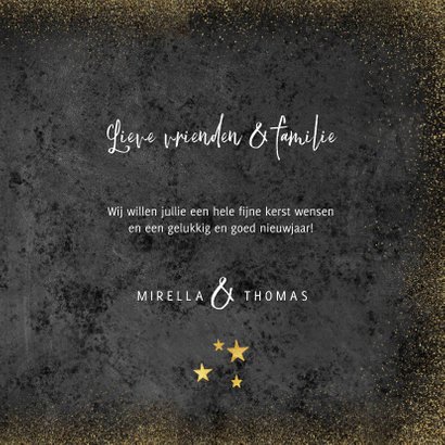 Hippe kerstkaart met grote foto, houten kerst en sterren 3