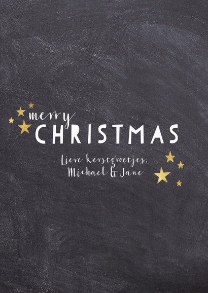 Hippe kerstkaart met moderne typografie en gouden sterren 3