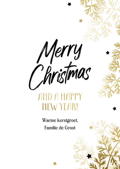 Hippe kerstkaart met twee foto's en goudlook takjes wit 3