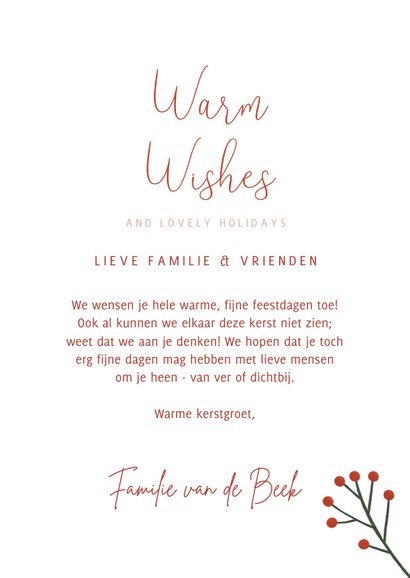 Hippe kerstkaart Warm Wishes sokken patroon en sneeuw 3