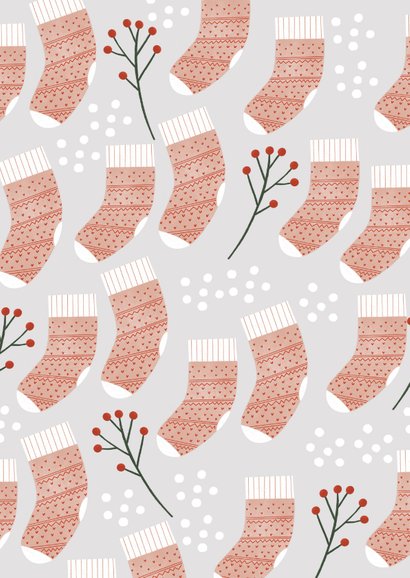 Hippe kerstkaart Warm Wishes sokken patroon en sneeuw Achterkant