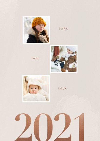Hippe nieuwjaarskaart fotocollage groot jaartal 2021 beige 2