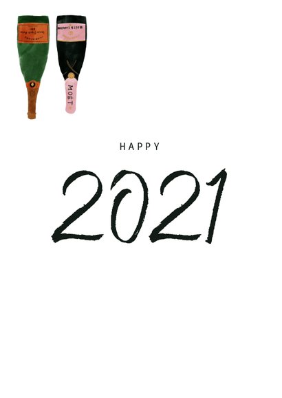 Hippe nieuwjaarskaart met champagneflessen en 2021 2