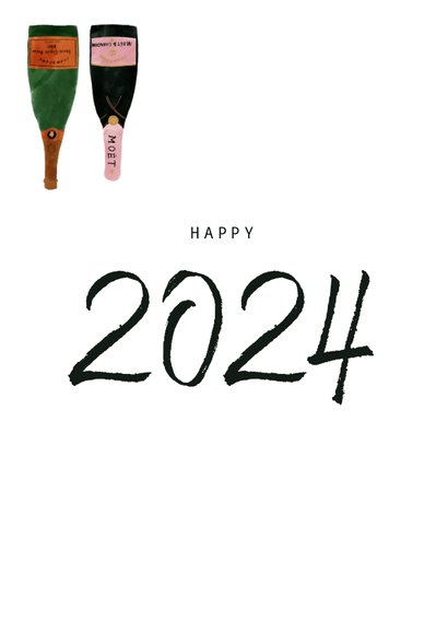 Hippe nieuwjaarskaart met champagneflessen en 2024 2