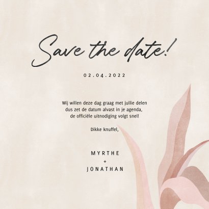 Hippe save the date kaart botanische bladeren neutraal 3