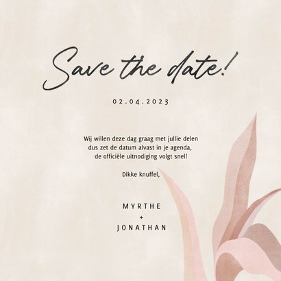 Hippe save the date kaart botanische bladeren neutraal 3