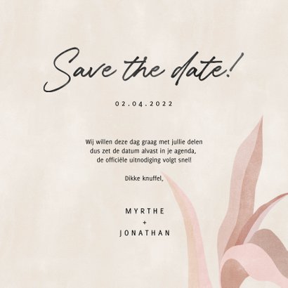 Hippe save the date kaart botanische bladeren neutraal 3