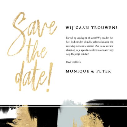 Hippe Save the Date kaart verf strepen en gouden typografie 3
