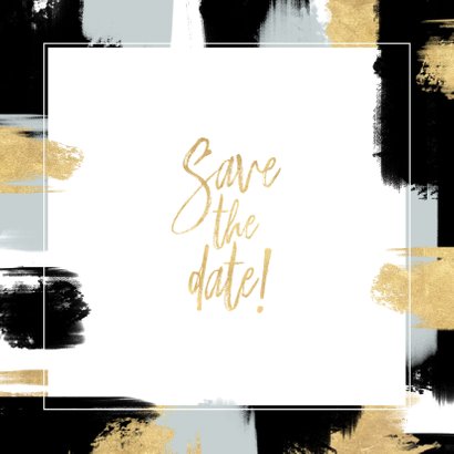 Hippe Save the Date kaart verf strepen en gouden typografie Achterkant